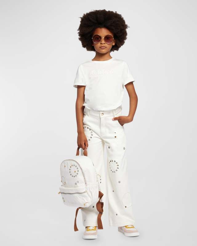 Girl's Eyelet Embroidered Denim Pants, Size 8-12